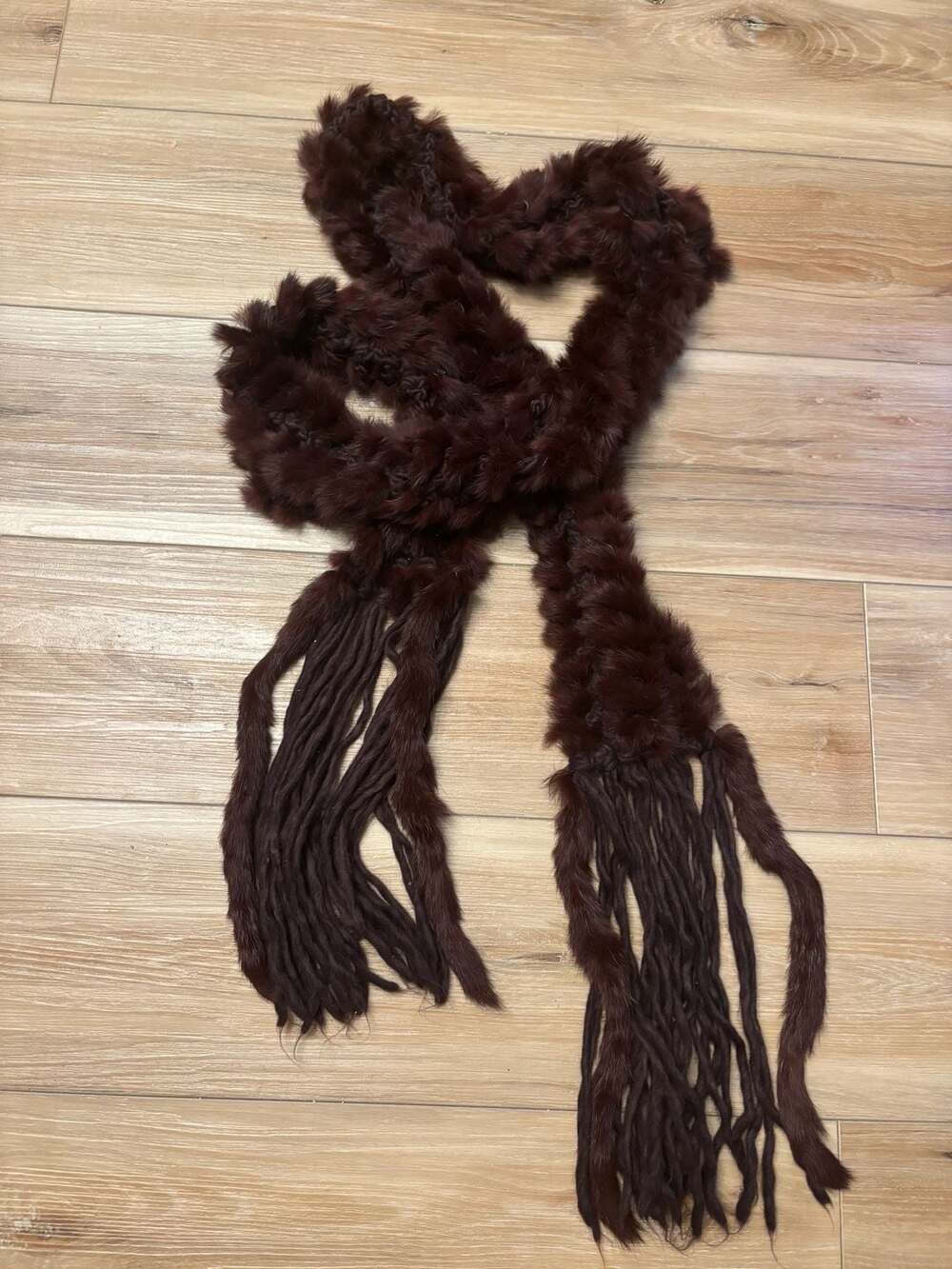 Vintage Dark Burgundy Real Rabbit Fur extra Long Scarf braided woven